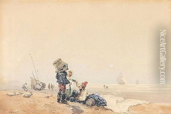 Fishermen On The Shore Oil Painting - David Cox