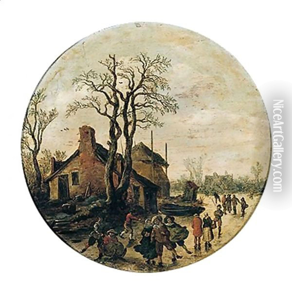 A winter landscape with figures skating and sledging on the ice outside village Oil Painting - Jan van Goyen