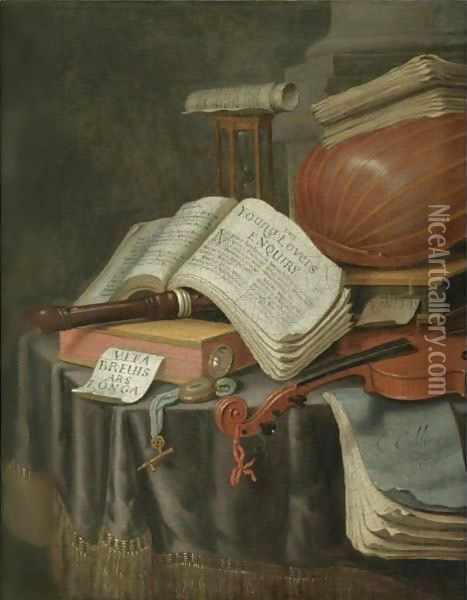 A Vanitas Still Life With Books And Manuscripts, A Recorder, A Lute, A Violin, An Hourglass And A Compass, All On A Draped Table Oil Painting - Edwart Collier
