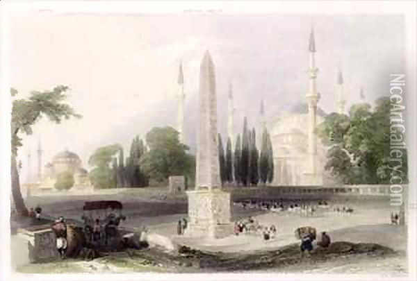 An Egyptian obelisk in the Atmeidan, or Hippodrome, Istanbul Oil Painting - William Henry Bartlett