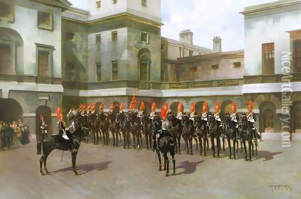 The Blues and Royals, Guard Mounting Parade, Whitehall Oil Painting - Charles Edouard Armand-Dumaresq
