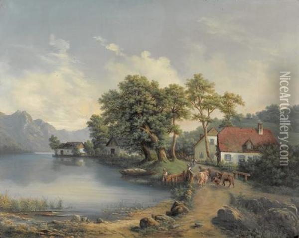 Sommerliche Landschaftspartie Mit Gehoft An Bergsee. Oil Painting - Ab Yberg Aloys