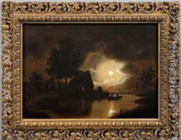 Niederlandische Flusslandschaft Im Mondlicht Oil Painting - Jacobus Theodorus Abels