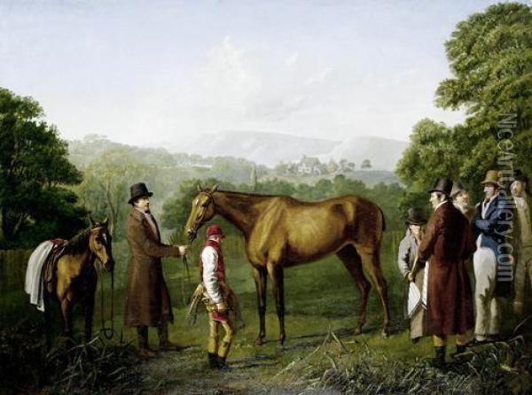 A Bay Racehorse Held By A Trainer In An Extensive Landscape Oil Painting - Jacques Laurent Agasse
