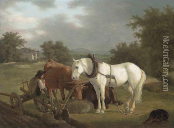 A Rural Landscape With A Ploughman Resting With His Grey Horse,cattle And Dog Oil Painting - Jacques Laurent Agasse