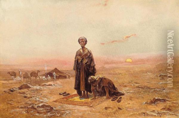Bedouins Praying In The Desert Oil Painting - Thaddaus von Ajdukiewicz