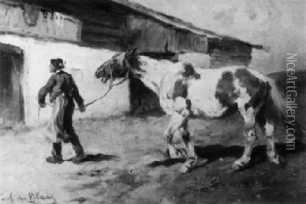 Bauer Mit Seinem Pferd Vor Dem Stallgebaude Oil Painting - Julius von Blaas