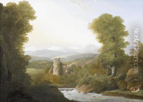 Flusslandschaft Mit Ruine Und Figurenstaffage Im Fruhling Oil Painting - Antoine Albers