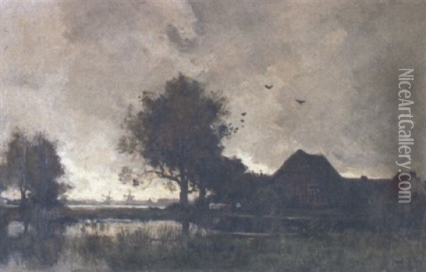 Windmills In Polder Landscape And Cattle By Farm Oil Painting - Theophile De Bock