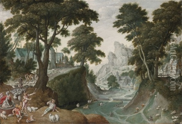Mountainous Landscape With The Return Of Jacob From Canaan Oil Painting - Hans Bol