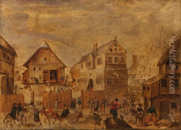 Scene De Village (+ Another; Pair) Oil Painting - Hans Bol