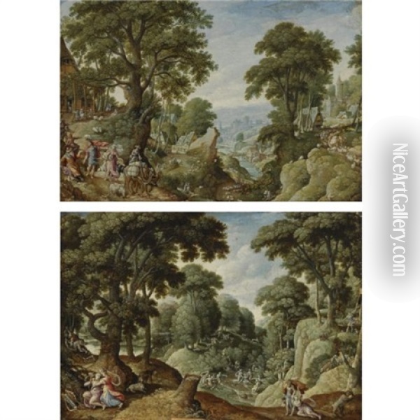 A Hilly Wooded Landscape With The Return Of Jacob To Canaan (+ A Hilly Wooded Landscape With Scenes Of The Life Of Diana; Pair) Oil Painting - Hans Bol