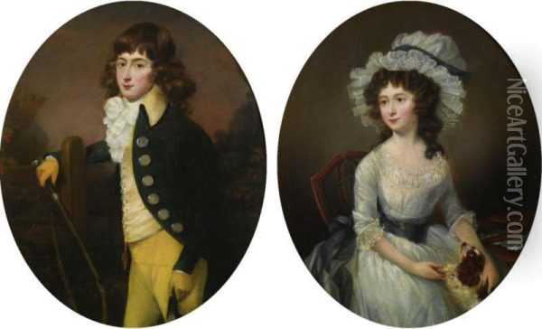 Three Quarter Length Portraits Of Master Harry Croft And Hissister. Miss Sarah Croft: A Pair Of Paintings Oil Painting - Francis Alleyne