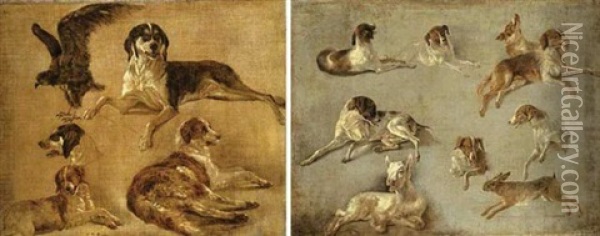 Study Of Four Dogs And An Eagle Oil Painting - Louis-Auguste Brun