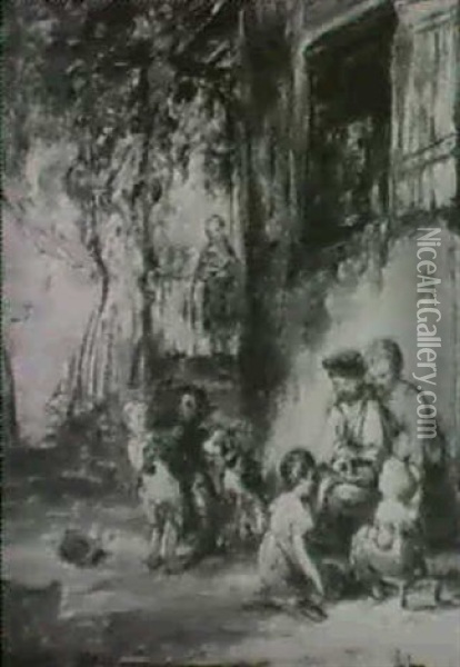 Children Playing By A Cottage Oil Painting - William Collins