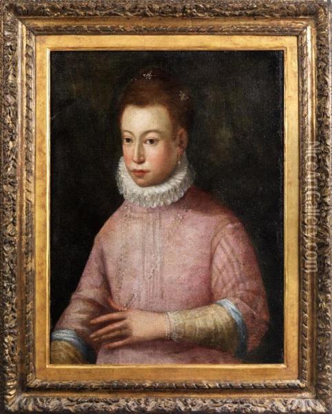 Halbbildnis Einer Adeligen Dame Im Rosafarbenen Kleid Mit Perlenkette Und Halskrause Oil Painting - Sofonisba Anguissola