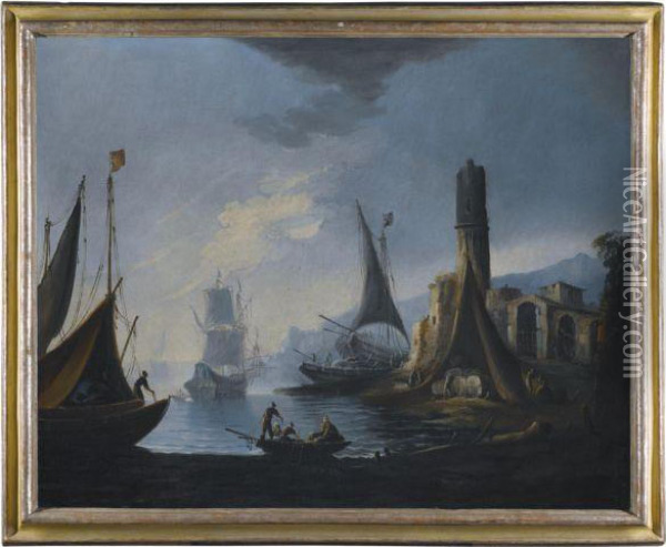 A Harbour Scene With Figures Disembarking Their Boats Oil Painting - Pietro Antoniani