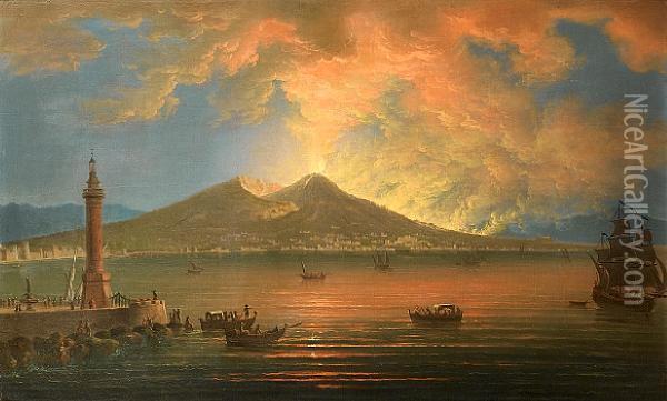 The Bay Of Naples With The Eruption Of Vesuvius Seen From The Riviera Di Chiaia Oil Painting - Pietro Antoniani