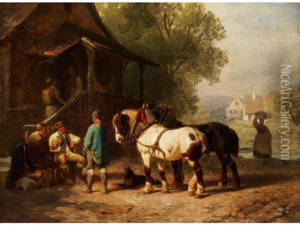 Pferdefuhrer Mit Zwei Kaltblutern Imgesprach Mit Bauern Vor Einem Haus Mit Treppenbalkon Oil Painting - Philipp Arons