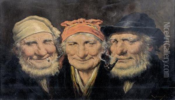 Portrats Zweier Rauchender Bauern Und Einer Bauerin. Oil Painting - Roman Arregui