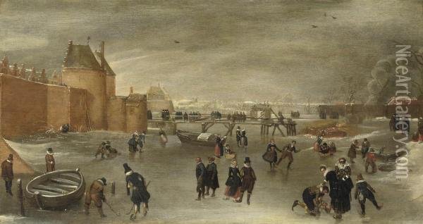 Skaters, Kolf Players And Sledges On A Frozen River Near The St.janspoort City Gate, With The Kruispoort In The Background And Thepink Mill Beyond, Haarlem With Monogram 'ha' Oil Painting - Hendrick Avercamp
