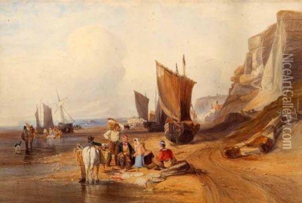Coastal Scene With Fisherfolk Oil Painting - Thomas Brabazon Aylmer