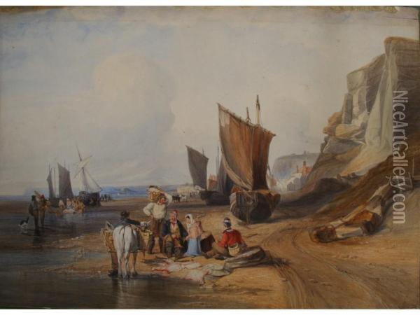 Fisherfolk Sorting Their Catch On The Beach Oil Painting - Thomas Brabazon Aylmer