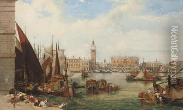 Bustling Activity On The Waterfront, Venice Oil Painting - Thomas Brabazon Aylmer