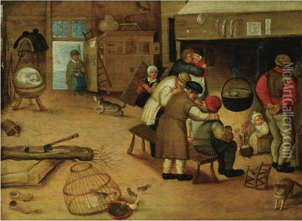 Interior With Peasants Warming Themselves By A Fire Oil Painting - Peeter Baltens
