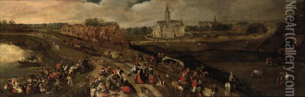 A Kermesse In A Village Near A River, A Church Beyond Oil Painting - Peeter Baltens