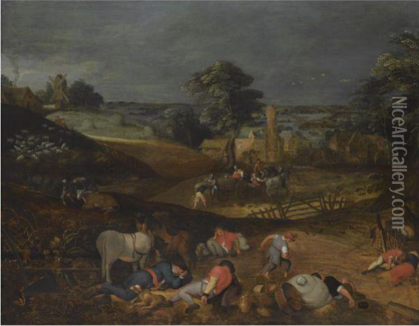Landscape With Peasants Harvesting Oil Painting - Peeter Baltens