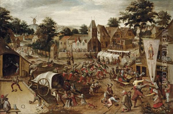 A Village Kermesse On Saint George's Day Oil Painting - Peeter Baltens