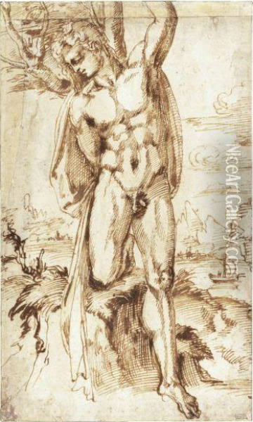 A Male Nude Tied To A Tree, Possibly St. Sebastian, A Riverlandscape Beyond Oil Painting - Baccio Bandinelli