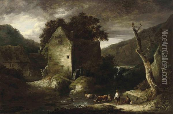 A Wooded River Landscape With Drovers And Their Cattle By Awatermill Oil Painting - Benjamin Barker Of Bath