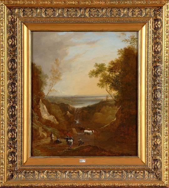 La Halte Des Paysans Et De Leur Troupeau A La Cascade Oil Painting - Benjamin Barker Of Bath
