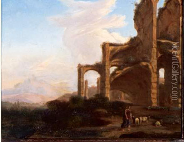 Troupeau Et Personnage Dans Un Paysage De Ruines A L'antique Oil Painting - Breenburg Bartholomaus