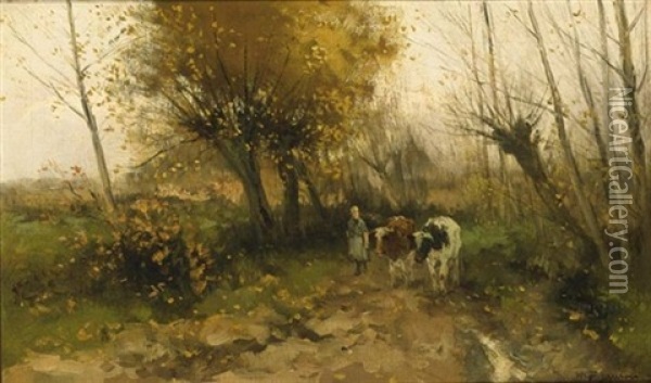 A Cowherdess With Her Flock On A Country Lane Oil Painting - Willem George Frederik Jansen
