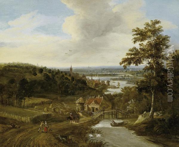 Wide Riverscape With Farmers Andtravellers Oil Painting - Gerrit Van Battem