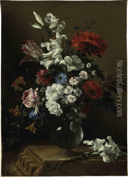 Lilies, Roses, Tulips, Carnations, And Other Flowers In A Glass Vase Oil Painting - Nicolas Baudesson