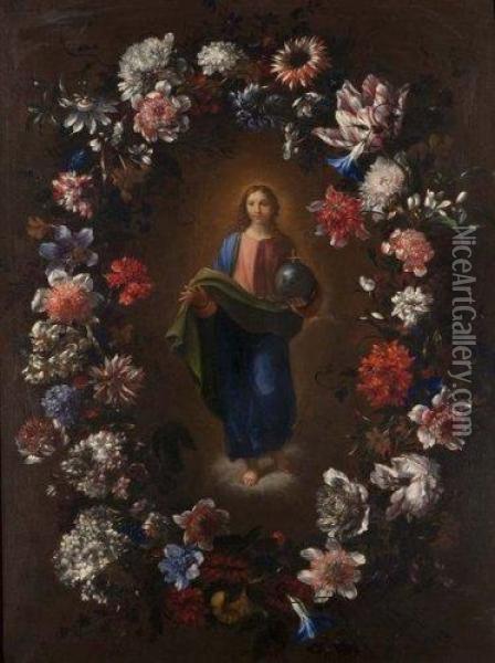 Guirlande De Fleurs Avec L'enfant Jesus Tenant Le Monde Dans Sa Main Oil Painting - Nicolas Baudesson