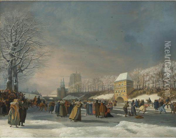 The Women's Speed Skating Contest On The Stadsgracht, Leeuwarden Oil Painting - Nicolaas Bauer