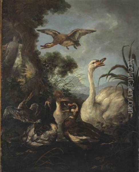 Waterfowl On A Riverbank Oil Painting - Jacob van der Kerckhoven
