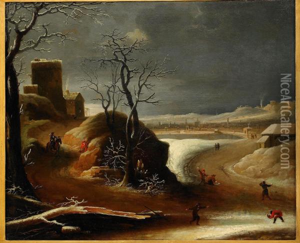 Vinterlandskap Med Figurer Oil Painting - Abraham Beerstraaten
