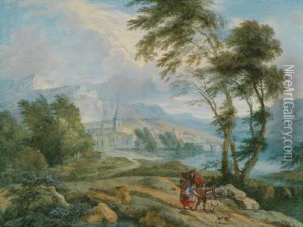 Umkreis Reisende Mit Pferd Und Wagen In Einer Weiten Flusslandschaft Oil Painting - Joachim-Franz Beich