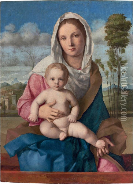 The Madonna And Child In A Landscape Oil Painting - Giovanni Bellini