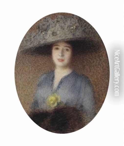 Elegant Lady With Hat And Yellow Rose Oil Painting - Ernest Joseph Laurent