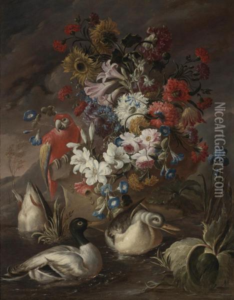 Floral Still Life With A Parrot And Ducks Oil Painting - Andrea Belvedere