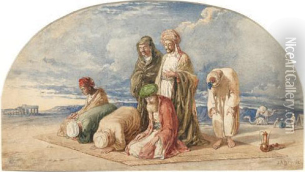 A Group Of Arabs At Prayer, With Distant Camels Oil Painting - Joseph-Austin Benwell