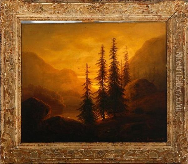 A Mountain Scenery With A Lake And Spruces. Signed. Dated 1862 Oil Painting - Adolf Julius Berg