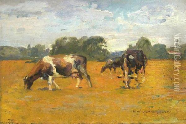 Grasende Kuhe Auf Der Weide Oil Painting - Karl Wilhelm Bergmuller